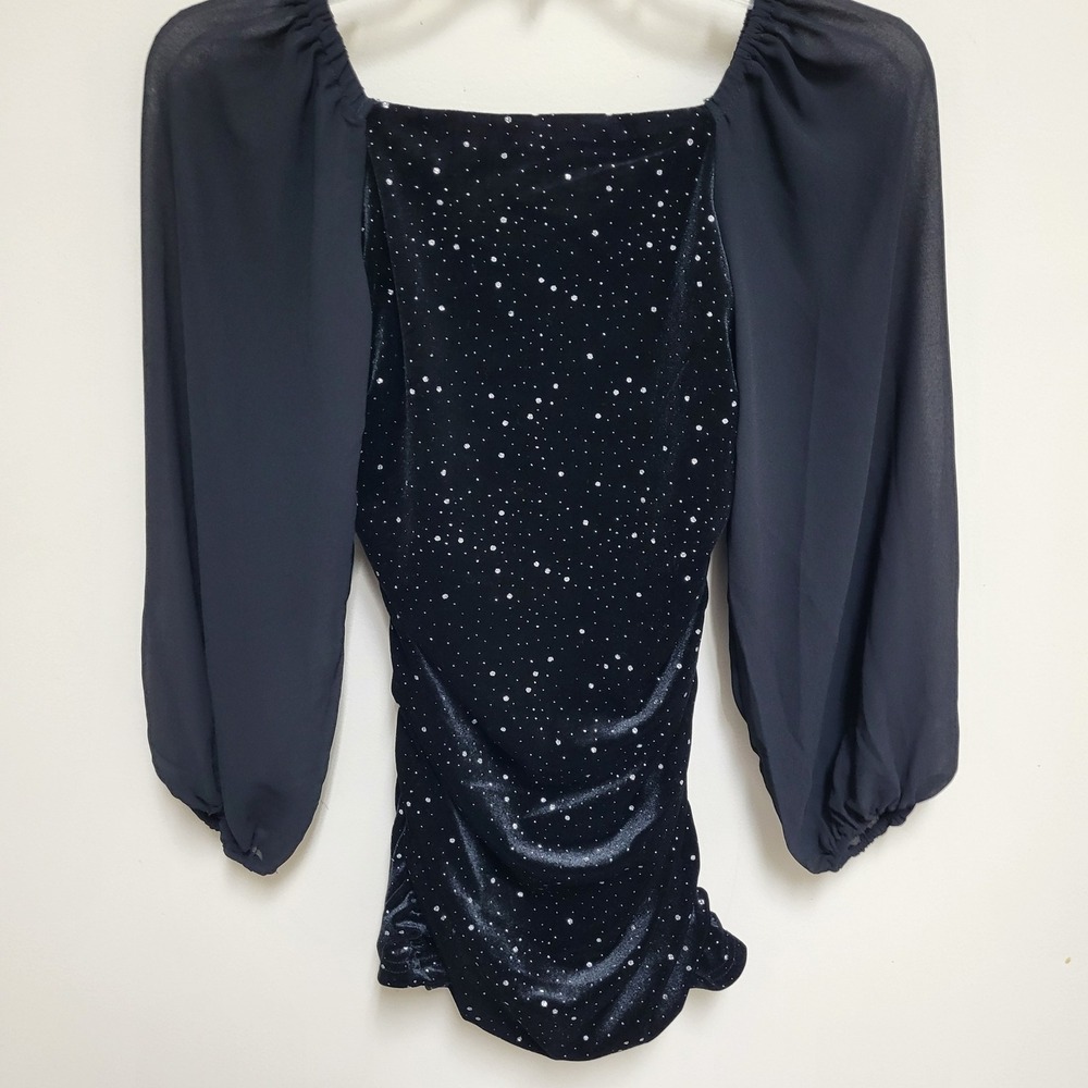 With Jules XL Black Velvet Glitter Starburst Sheer Puff Sleeve Dress Ruched Side - Picture 6 of 9